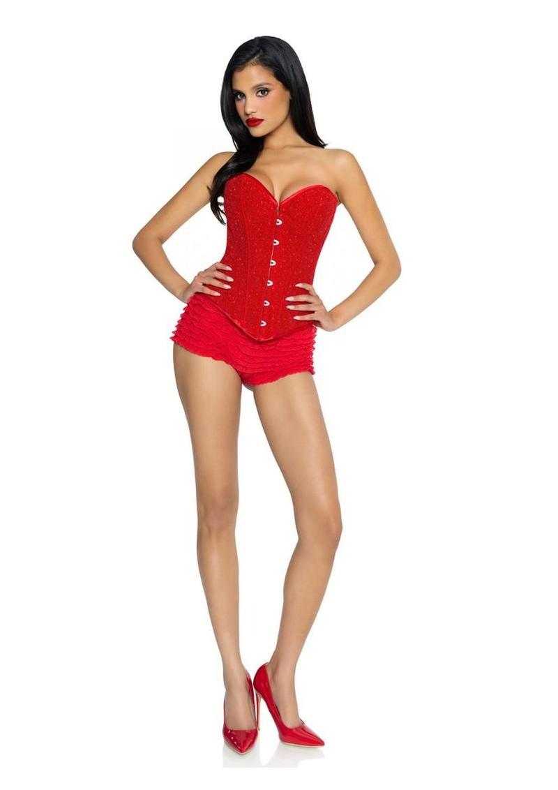Leg Avenue Glitter Boned Corset with Busk Closure and Lace-Up Back - Red, Medium