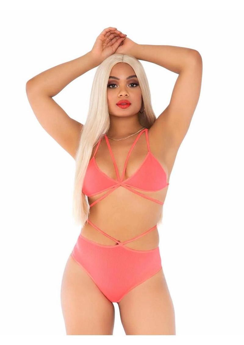 Leg Avenue Opaque Cage Strap Bra Top and Strappy Brazilian Briefs