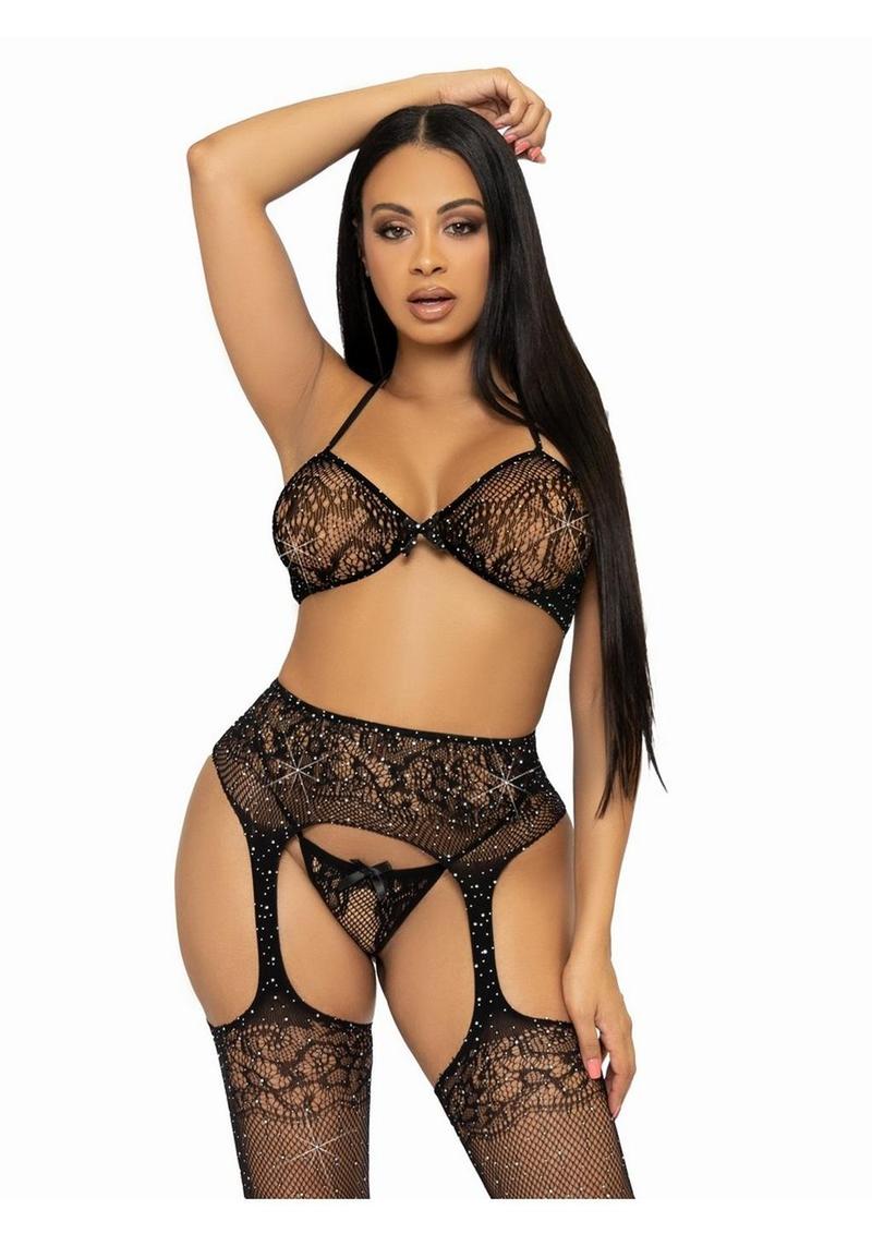Leg Avenue Rhinestone Lace Bra Top, G-String, and Fishnet Garter Belt The Adult Shoppe Leg Avenue Rhinestone Lace Bra Top, G-String, and Fishnet Garter Belt The Adult Shoppe