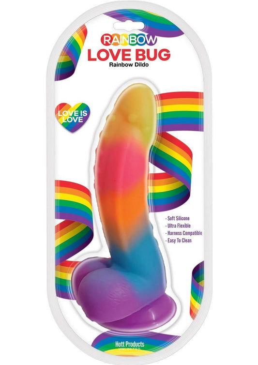 Love Bug Silicone Dildo with Suction Cup - Multicolor/Rainbow - 7in