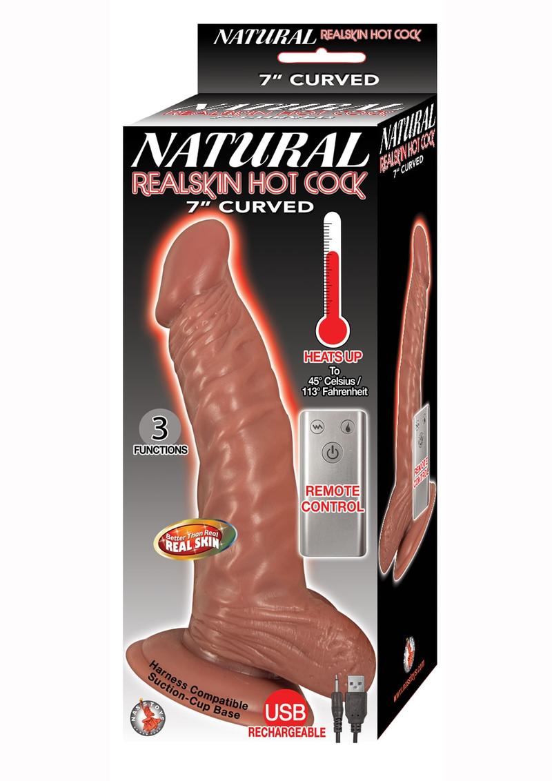 Natural Realskin Hot Cock Curved Warming Rechargeable Dildo - Chocolate - 7in