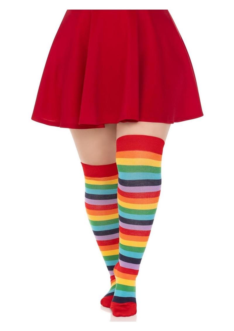 Spandex Acrylic Rainbow Striped Thigh Highs - 1x-2x