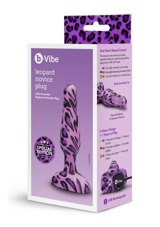 B-Vibe Novice Plug Rechargeable Silicone Anal Plug with Remote Control - Animal Print/Leopard/Purple
