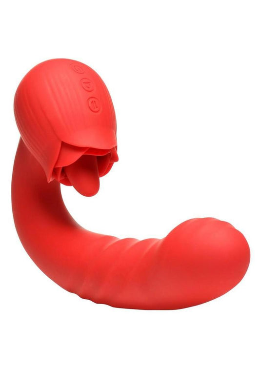 Bloomgasm Boom Bloom Thrusting and Licking Rechargeable Silicone Rose Vibrator - Red