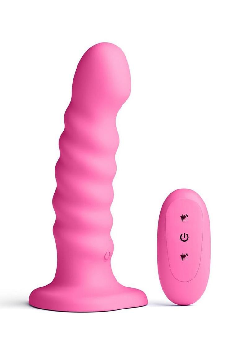 Colours Ribbed Rechargeable Silicone Vibrating Dildo with Remote Control - Pink - 6in