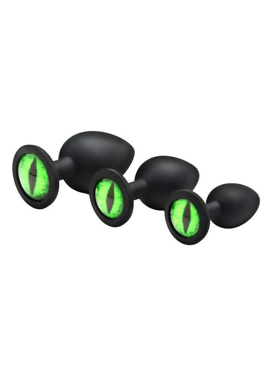 Creature Cocks Green Eye Silicone Butt Plug - Black/Green - 3 Piece/Set