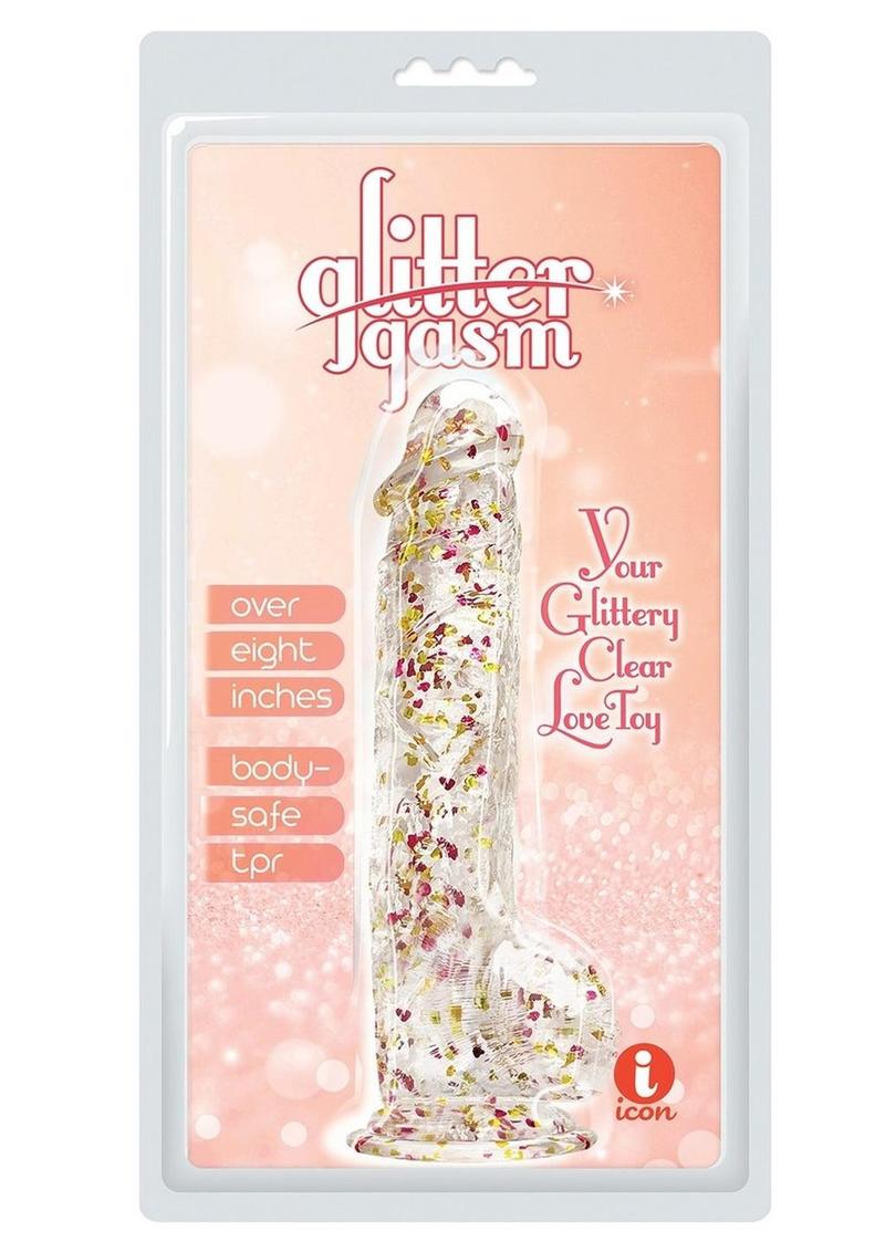 Glittergasm Realistic Clear Dildo with Balls and Suction Cup - Red/Orange/Golden Glitter - Gold/Orange/Red