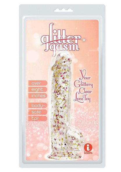 Glittergasm Realistic Clear Dildo with Balls and Suction Cup - Red/Orange/Golden Glitter - Gold/Orange/Red