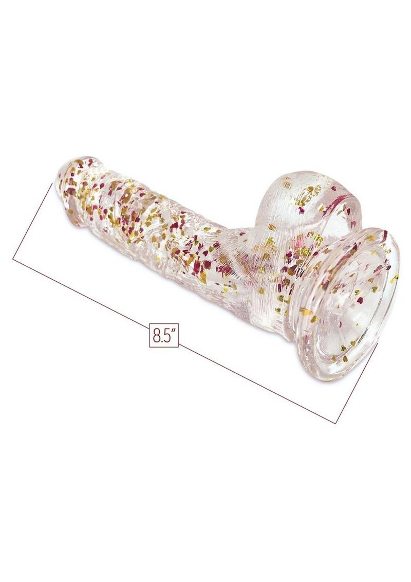 Glittergasm Realistic Clear Dildo with Balls and Suction Cup - Red/Orange/Golden Glitter