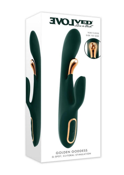 Golden Goddess Rechargeable Silicone Vibrator with Clitoral Stimulator - Green