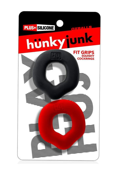 Hunkyjunk Fit Grips Ergo-Fit Silicone Cockrings - Black/Red - 2 Pack