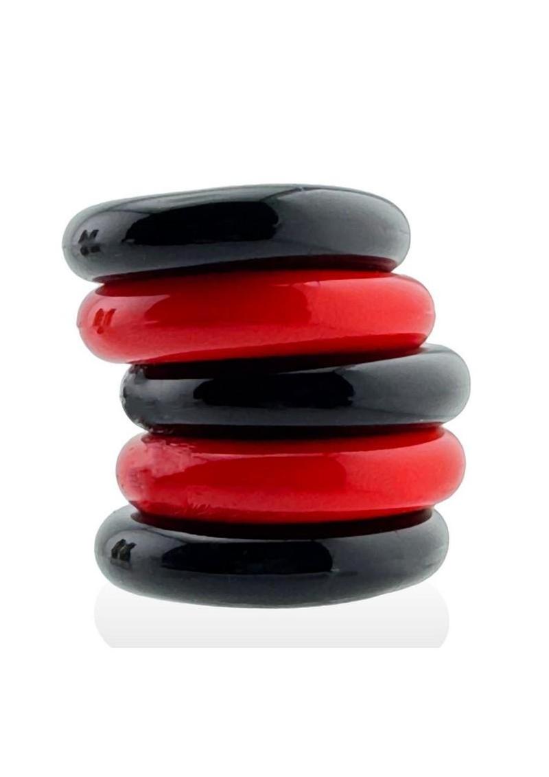 Hunkyjunk Jacker 5 Stack Super-Strong Cockrings - Black/Red - 5 Pack