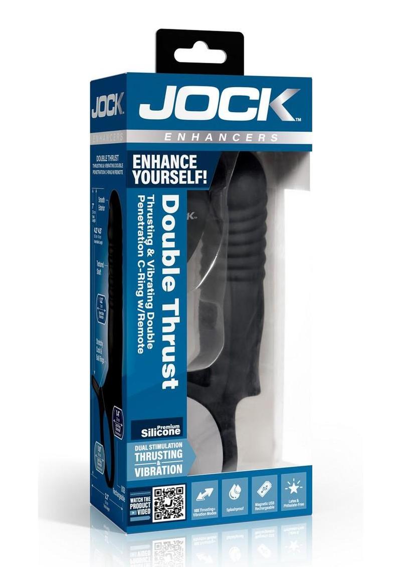 Jock Double Thrust Thrusting and Vibrating Double Penetration Rechargeable Silicone Cock Ring W/ Remote - Black