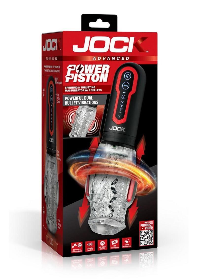 Jock Spinning and Thrusting Rechargeable Masturbator with 2 Bullets - Black/Clear/Red