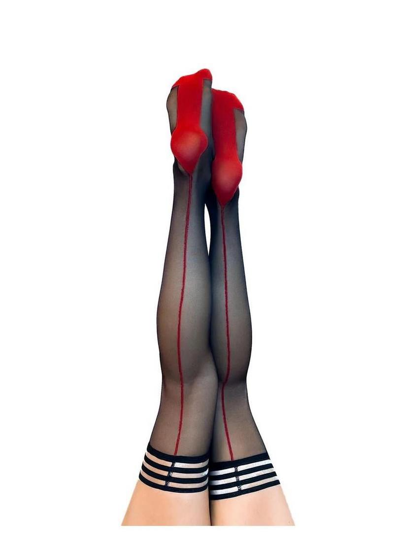 Kixies Ginny Sheer with Back Seamed Thigh Highs - Size B - Black/Red - Medium