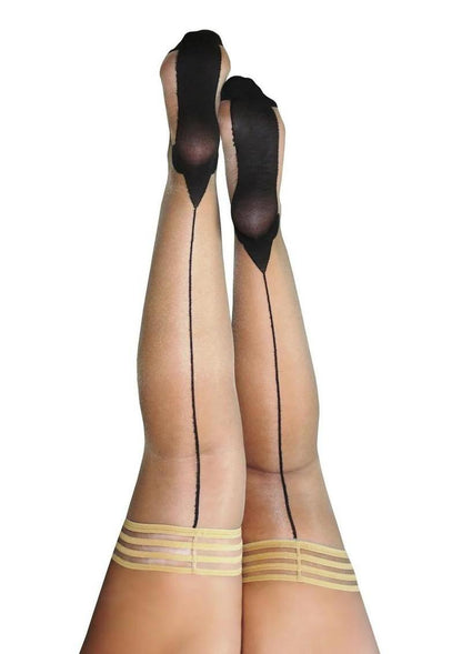 Kixies Ruby Sheer Thigh High with Seam and Cuban Heel - Size B - Black/Nude - Medium