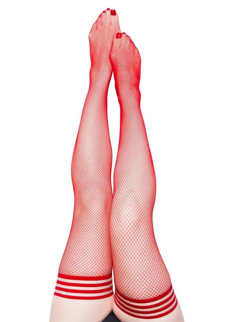 Kixies Sandra Fishnet Thigh High - Size B - Red - Medium
