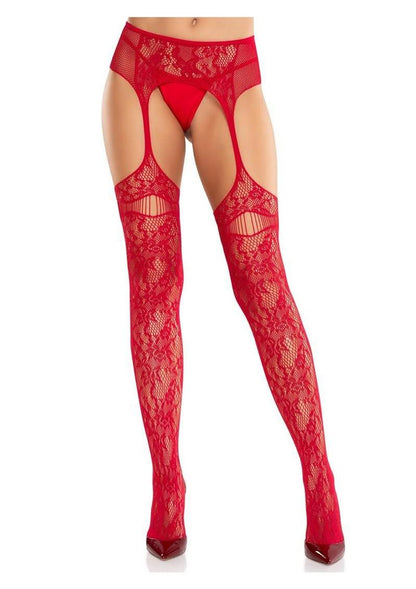Leg Avenue Bloom Net Stockings with Cut-Out Thigh Detail and Attached Garter Belt - Red - One Size