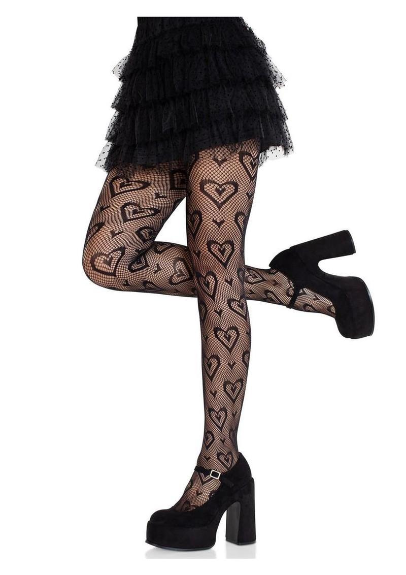 Leg Avenue Double Heart Net Tights - Black - One Size