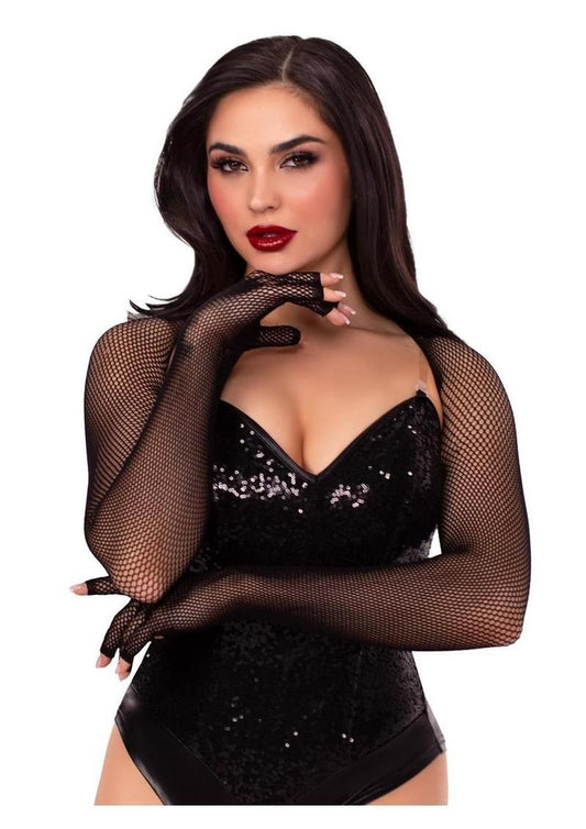 Leg Avenue Fishnet Fingerless Gloved Shrug - Black - One Size