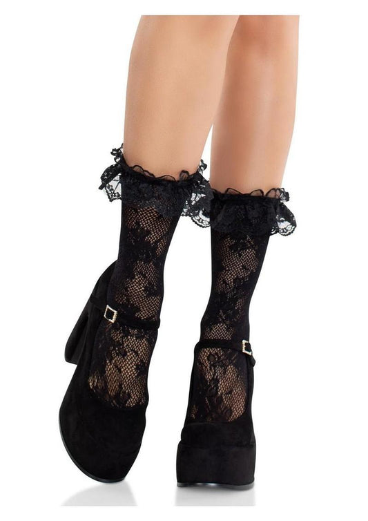 Leg Avenue Floral Lace Ruffle Top Anklets - Black - One Size