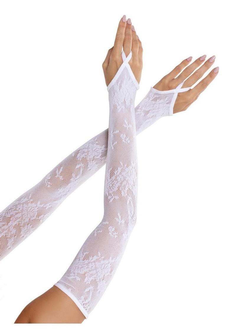 Leg Avenue Floral Net Extra Long Gauntlet Arm Warmers - White - One Size