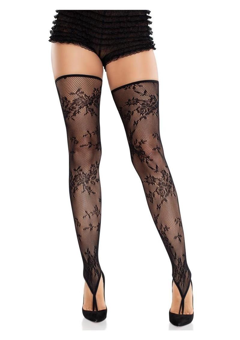 Leg Avenue Floral Net Toe Loop Footless Thigh Highs - Black - One Size