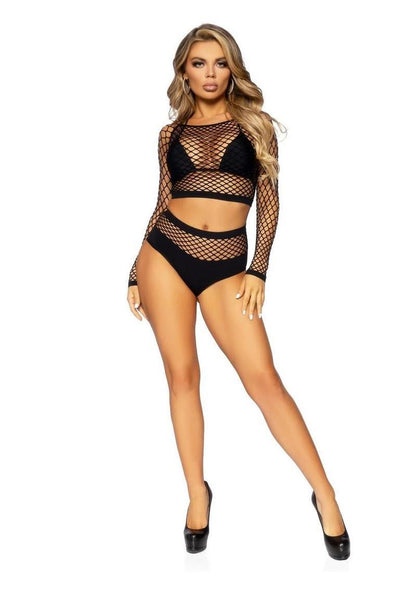 Leg Avenue Industrial Net Long Sleeved Crop Top and High Waist Full Back Opaque Bottoms