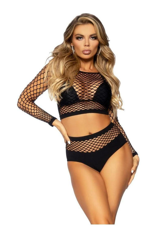 Leg Avenue Industrial Net Long Sleeved Crop Top and High Waist Full Back Opaque Bottoms - Black - One Size - 2 Piece