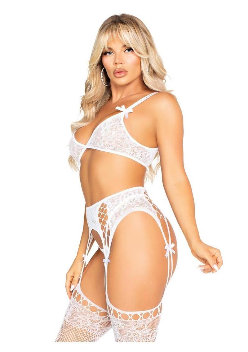 Leg Avenue Lace Bra Top with Dual Strap Detail G-String Panty and Lace Top Garter Belt Stockings - White - One Size