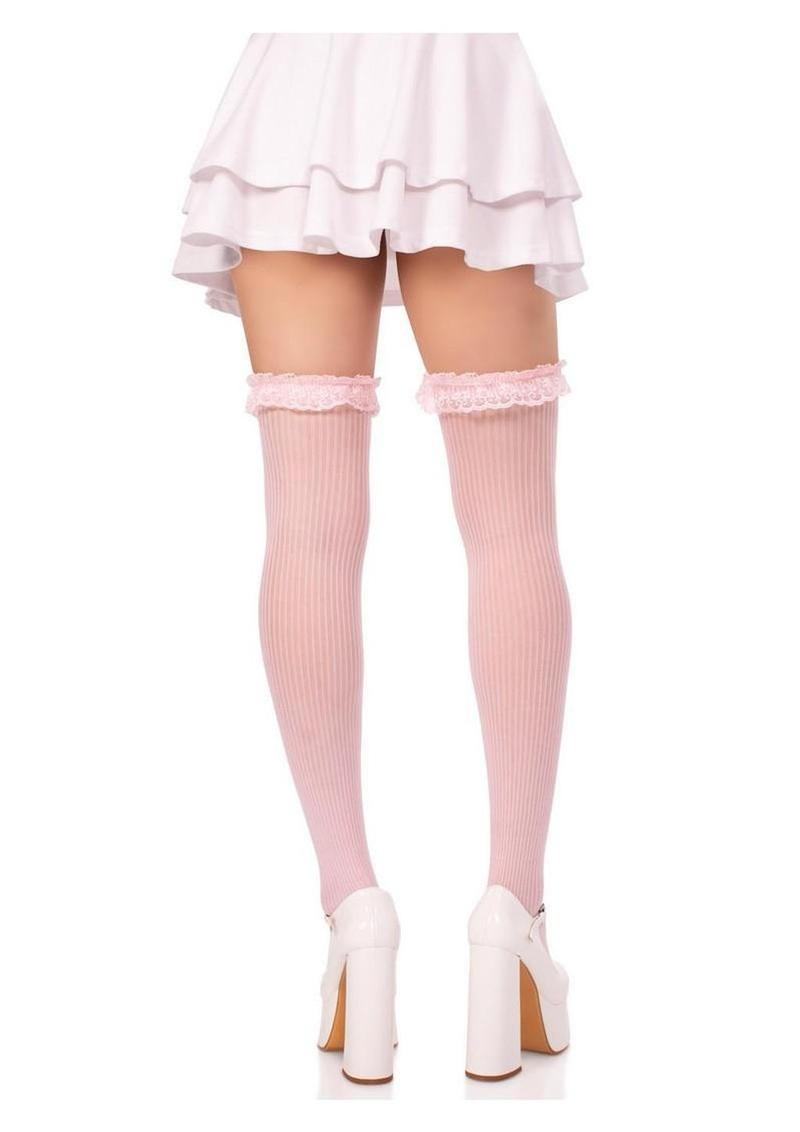 Leg Avenue Lace Garter Sheer Striped Thigh Highs with Satin Bow Accent