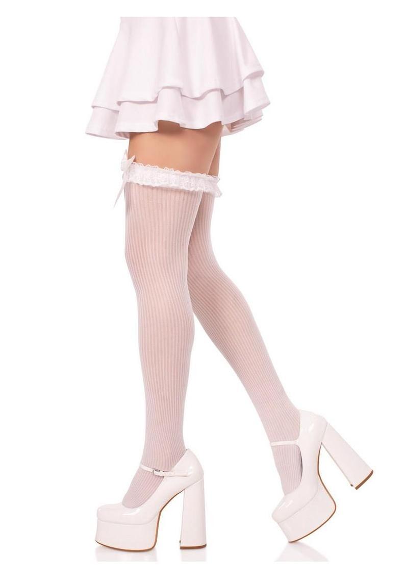 Leg Avenue Lace Garter Sheer Striped Thigh Highs with Satin Bow Accent - White - One Size