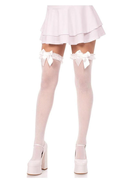 Leg Avenue Lace Garter Sheer Striped Thigh Highs with Satin Bow Accent - White - One Size