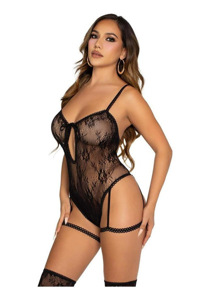 Leg Avenue Lace Garter Teddy with Keyhole Front and Crossover Back Straps - Black - One Size