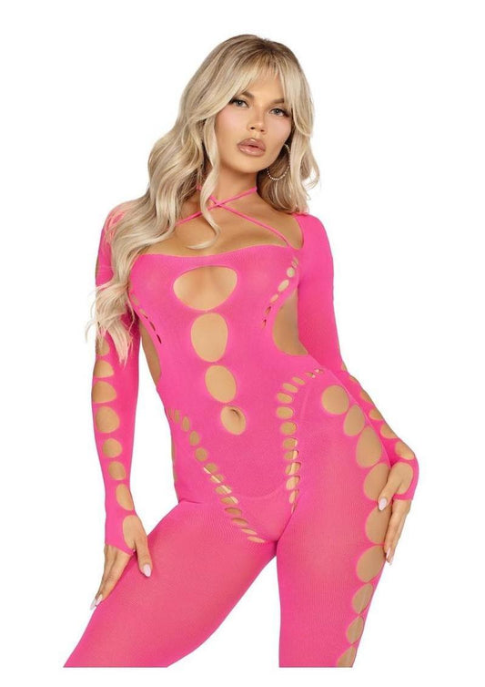 Leg Avenue Seamless Opaque Cut-Out Footless Bodystocking - Pink - One Size