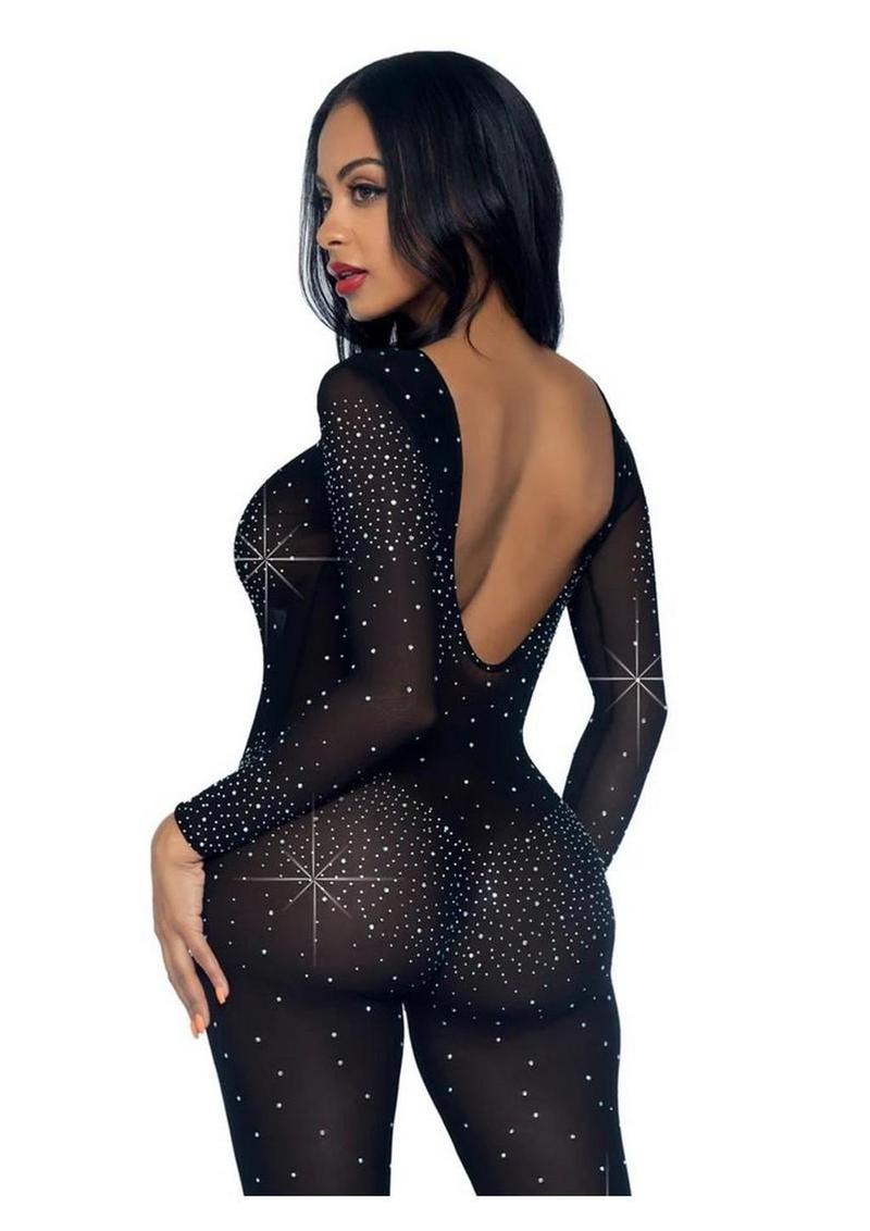 Leg Avenue Sheer Rhinestone Catsuit - Black - Medium