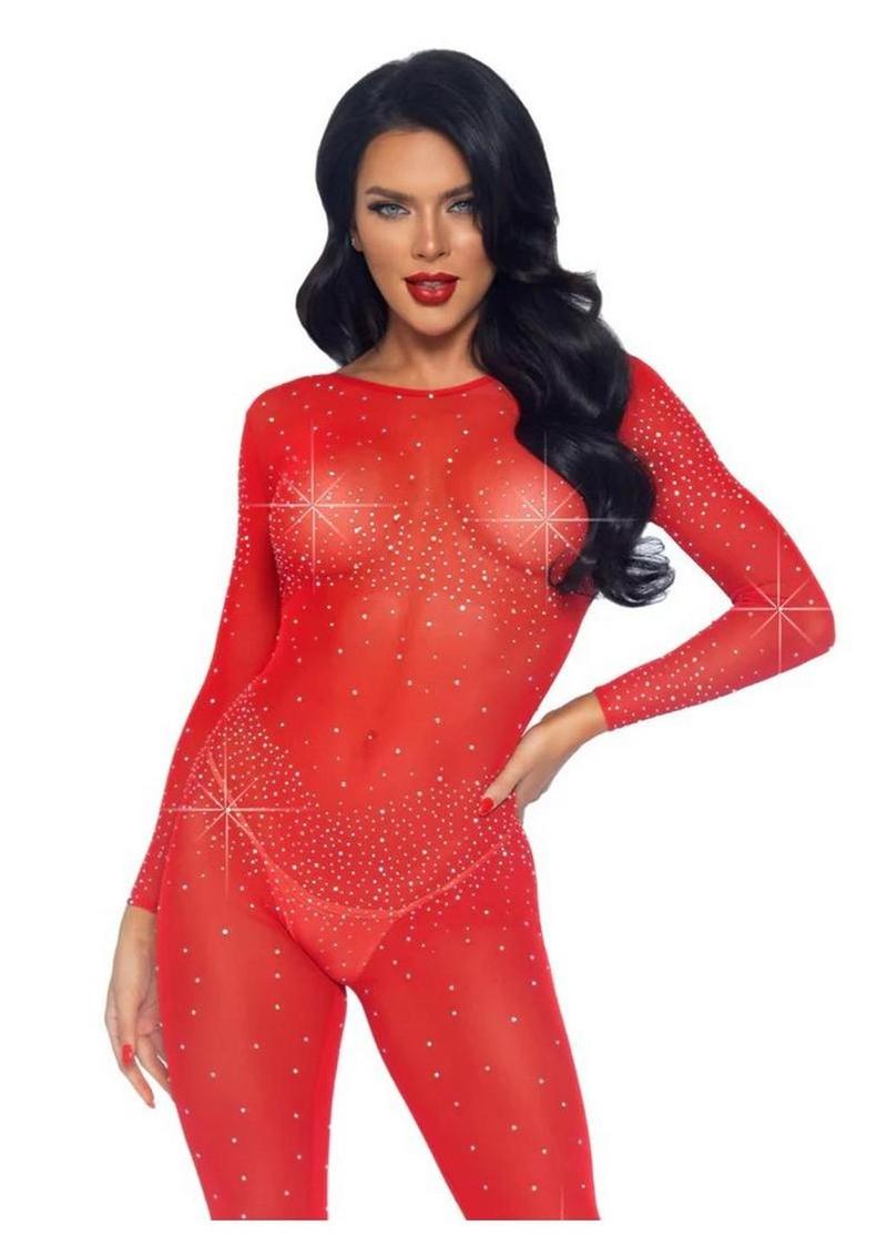 Leg Avenue Sheer Rhinestone Catsuit - Red - Small