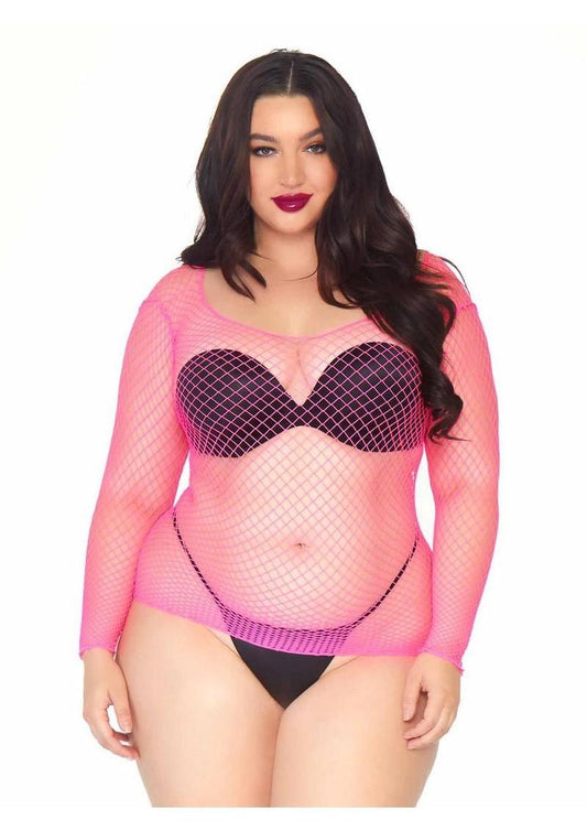 Leg Avenue Spandex Long Sleeved Industrial Net Shirt - Pink - 1x-2x