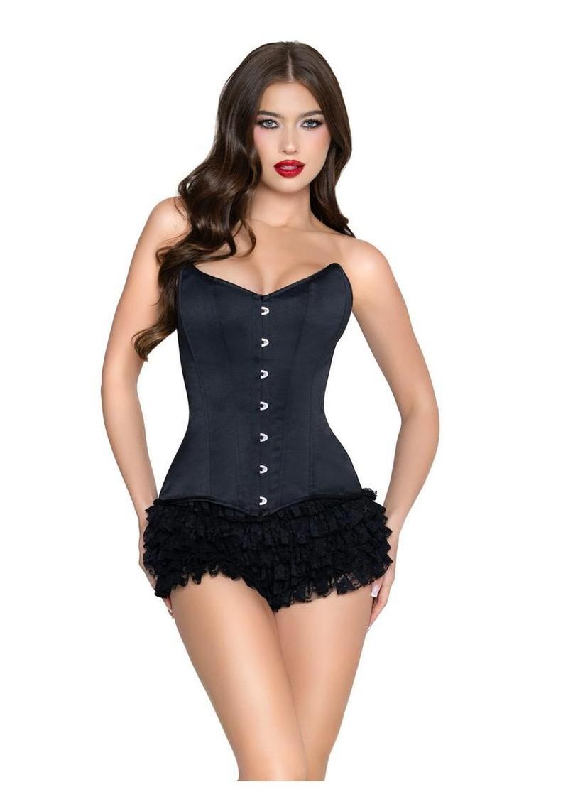 Leg Avenue Steel Boned Satin Corset with Full Busk Closer and Lace-Up Back - Black - Large