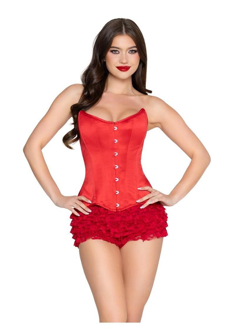 Leg Avenue Steel Boned Satin Corset with Full Busk Closer and Lace-Up Back - Red - Large