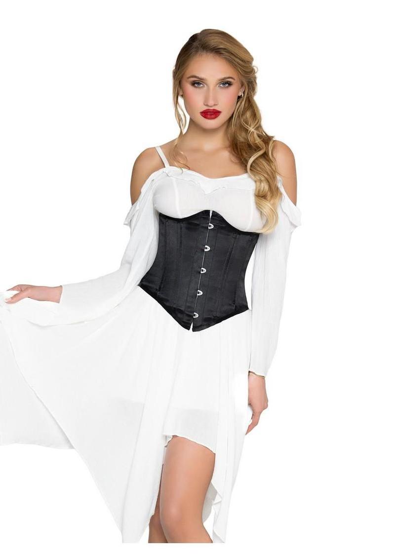 Leg Avenue Steel Boned Satin Waist Cincher with Full Busk Closer and Lace-Up Back - Black - Small