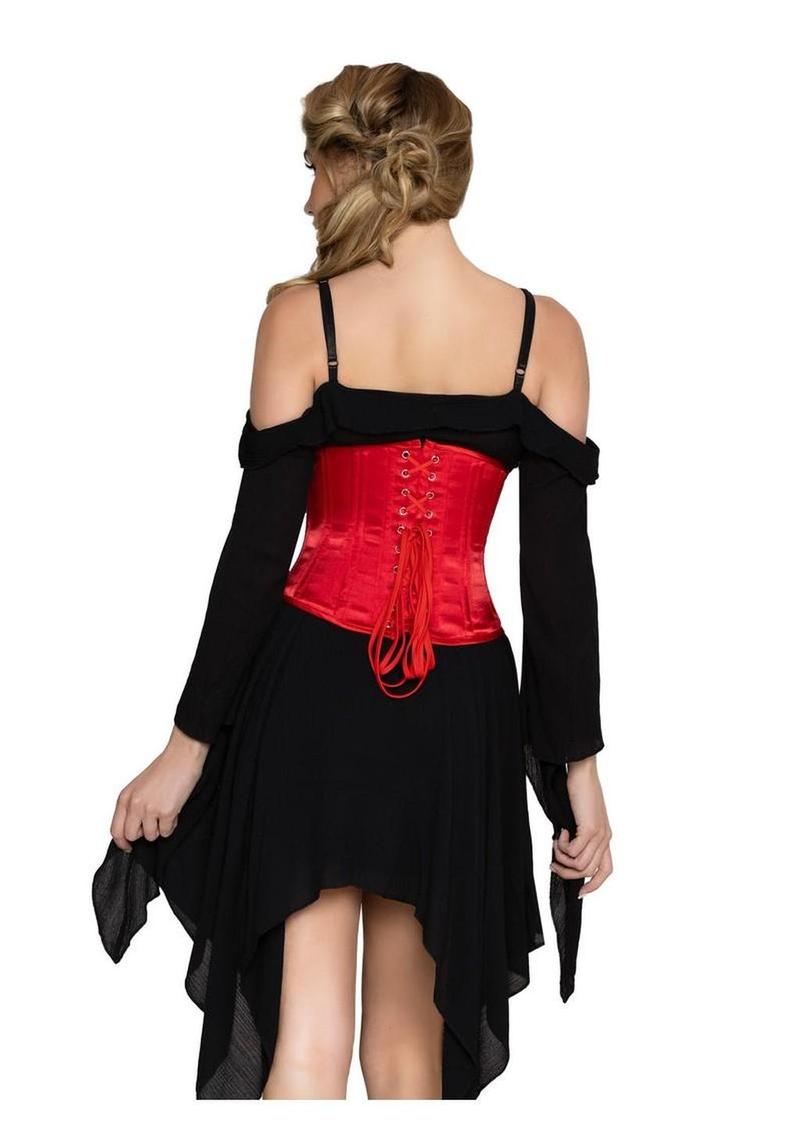 Leg Avenue Steel Boned Satin Waist Cincher with Full Busk Closer and Lace-Up Back - X - Red - Large