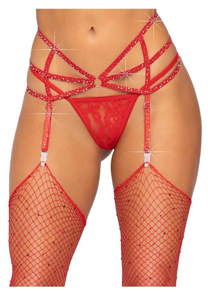 Leg Avenue Strappy Elastic Rhinestone Garter Belt with O-Ring Detail - Red - One Size