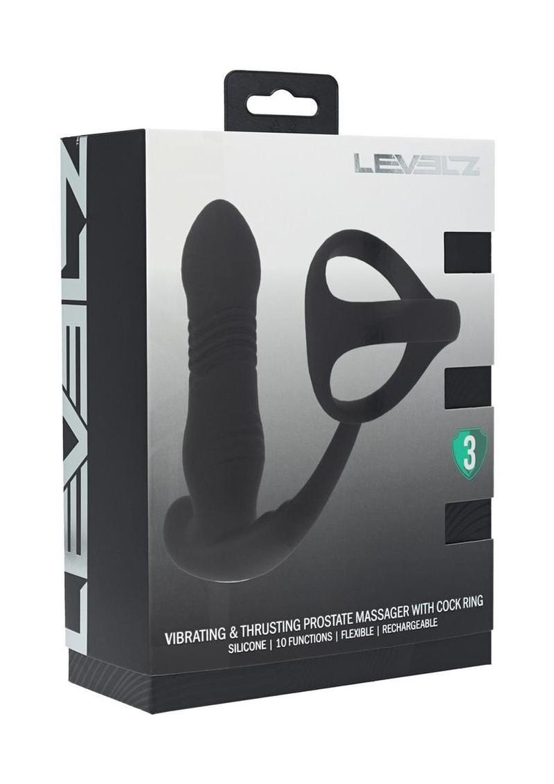 Levelz Vibrating and Thrusting Silicone Rechargeable Prostate Massager with Tri O Cock Ring - Black