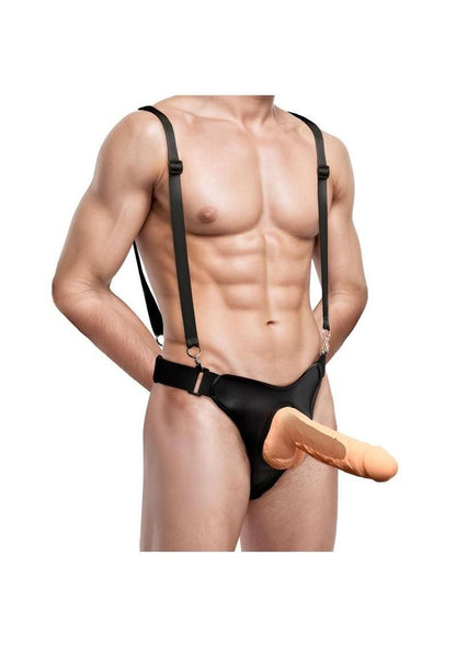 Master Series Magnum Hollow Silicone Dildo with Harness - Vanilla - 9in