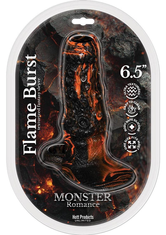 Monster Romance Flame Burst Silicone Penis Sleeve - Black/Orange - One Size