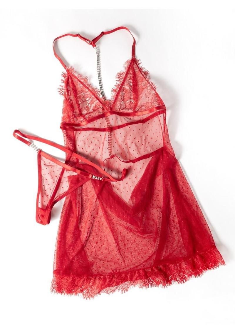 Oh La La Cheri Aliza Sheer Babydoll with Rhinestone Back and G-String - Red