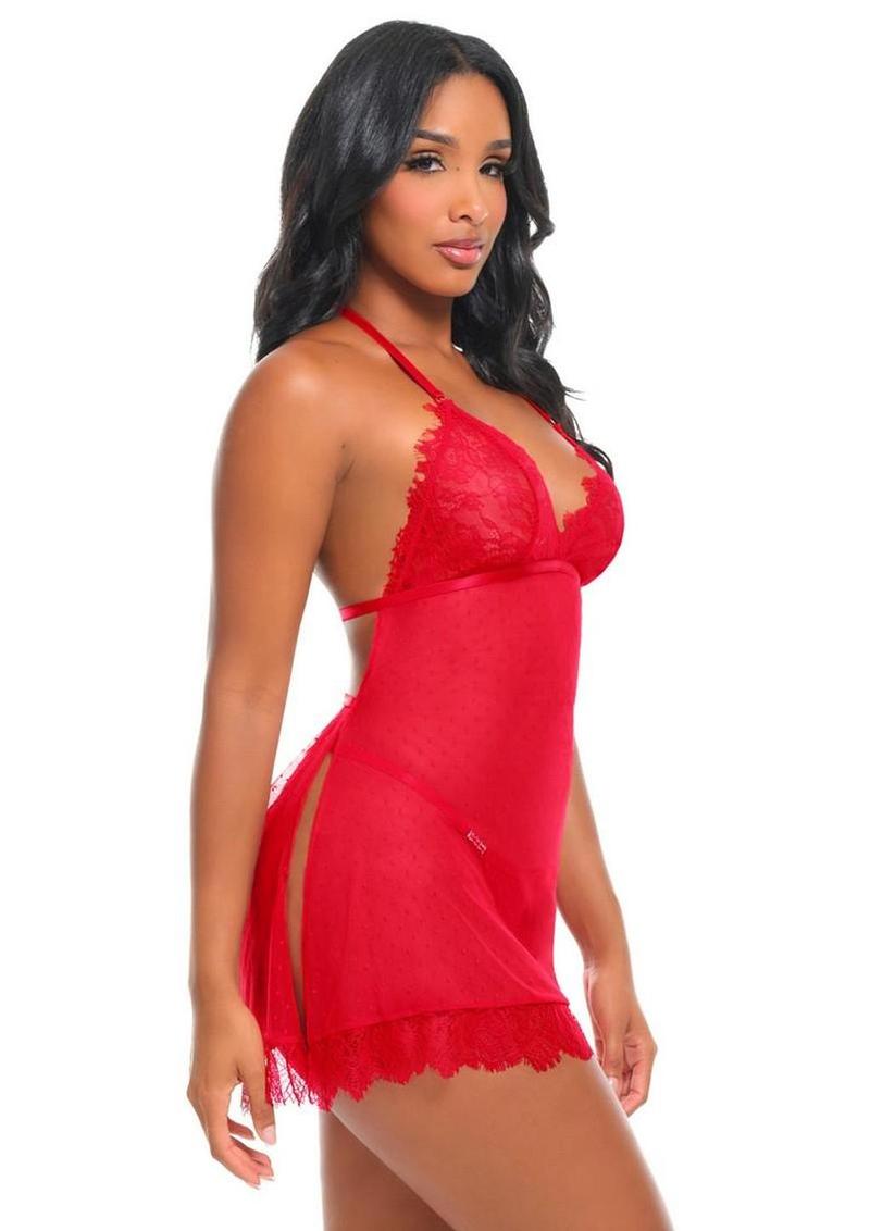Oh La La Cheri Aliza Sheer Babydoll with Rhinestone Back and G-String - Red