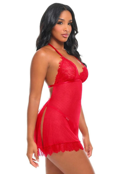 Oh La La Cheri Aliza Sheer Babydoll with Rhinestone Back and G-String - Red