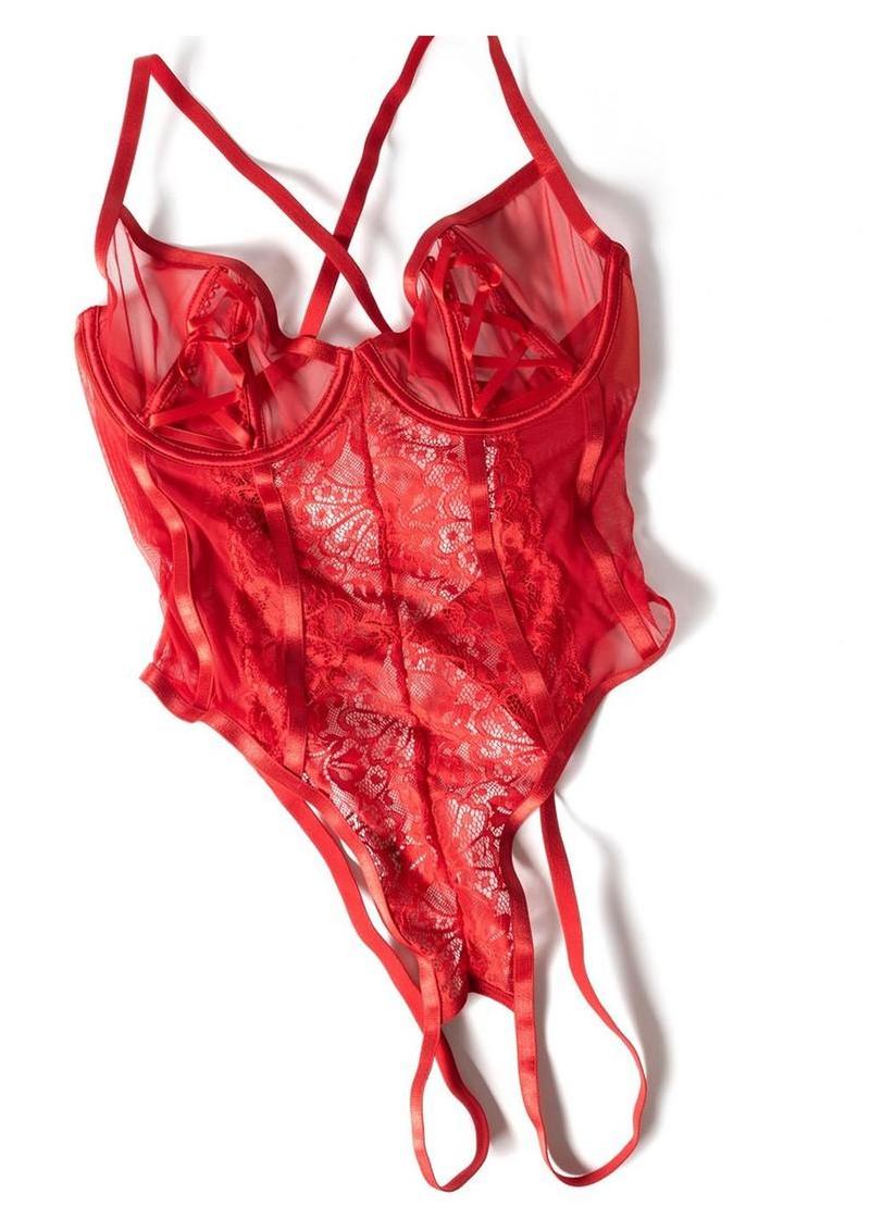 Oh La La Cheri Brielle Mesh and Lace Underwire Teddy - Red